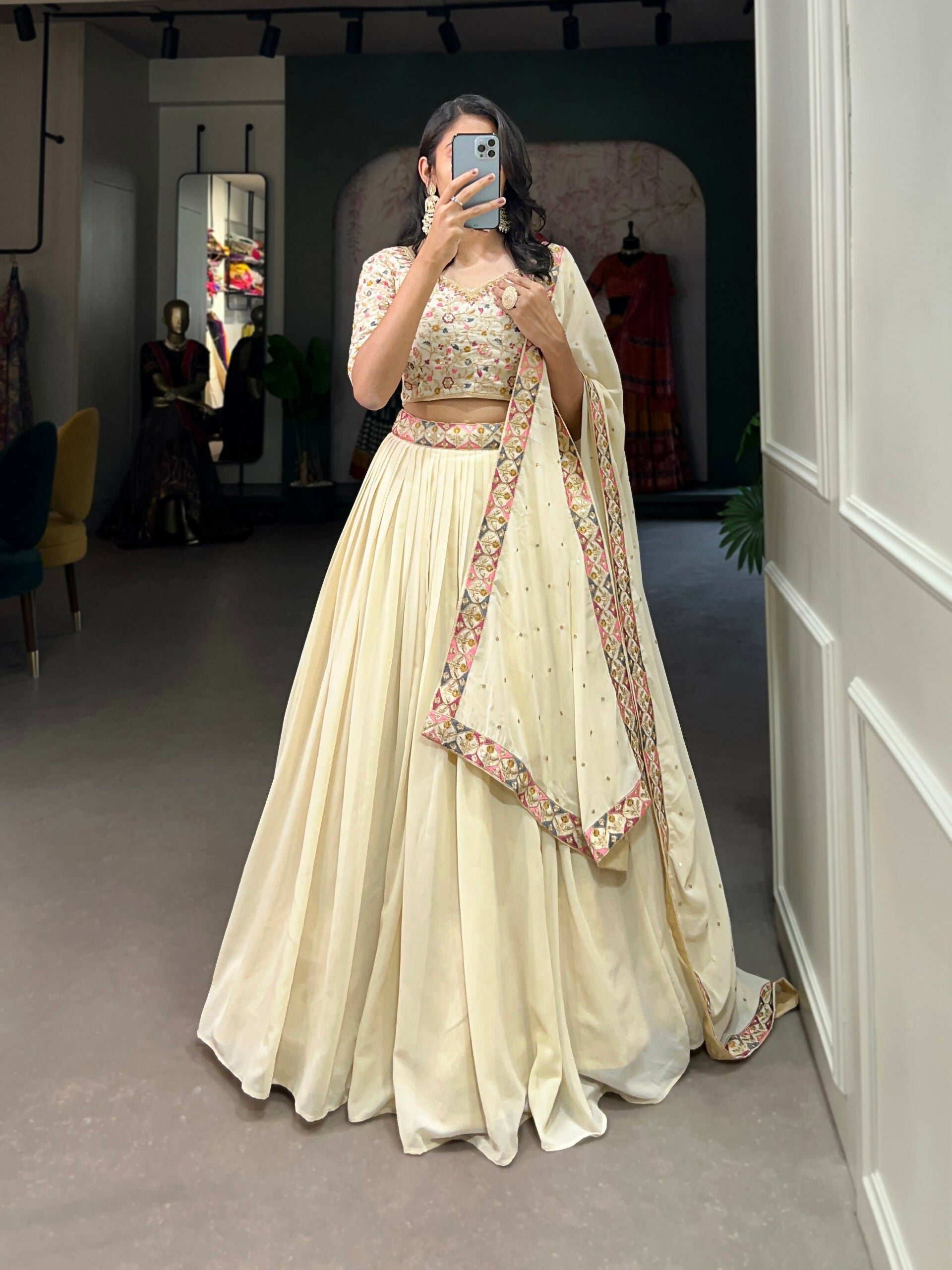 Vastranavya Exquisitely Sequins And Thread Embroidered Georgette Lehenga Choli - Off White - Distacart