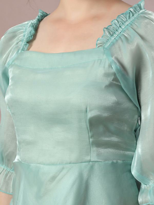 Myshka Women's Sea Green Solid Square Neck Fit and Flare Party Dress - Distacart