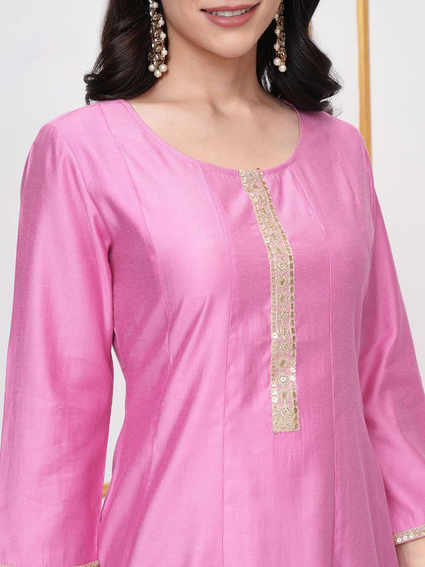 Vishudh Pink Round Neck Three-Quarter Sleeves Panelled A-Line Kurta - Distacart