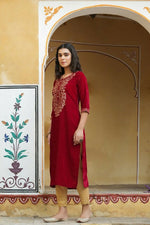 Thumbnail for Juniper Maroon Ethnic Motif Printed Velvet Straight Kurta With Zari Work Embroidery - Distacart