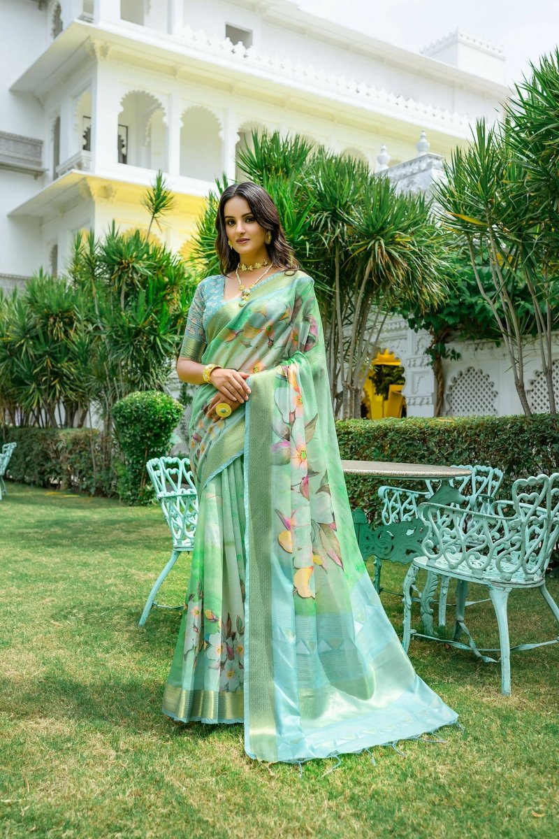 Aastha Fashion Sea Green Digital Printed Cotton Saree with Blouse - Distacart