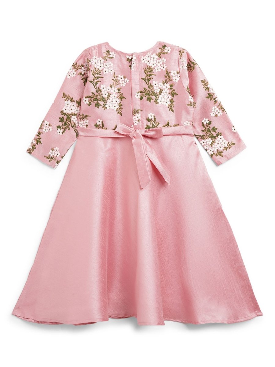 Ahalyaa Girls Pink Poly Silk Solid Kids Kurta With Printed Jacket