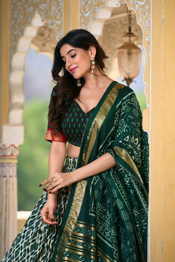 Vastranavya Designer Ikkat Print With Foil Work Lehenga Choli - Green - Distacart