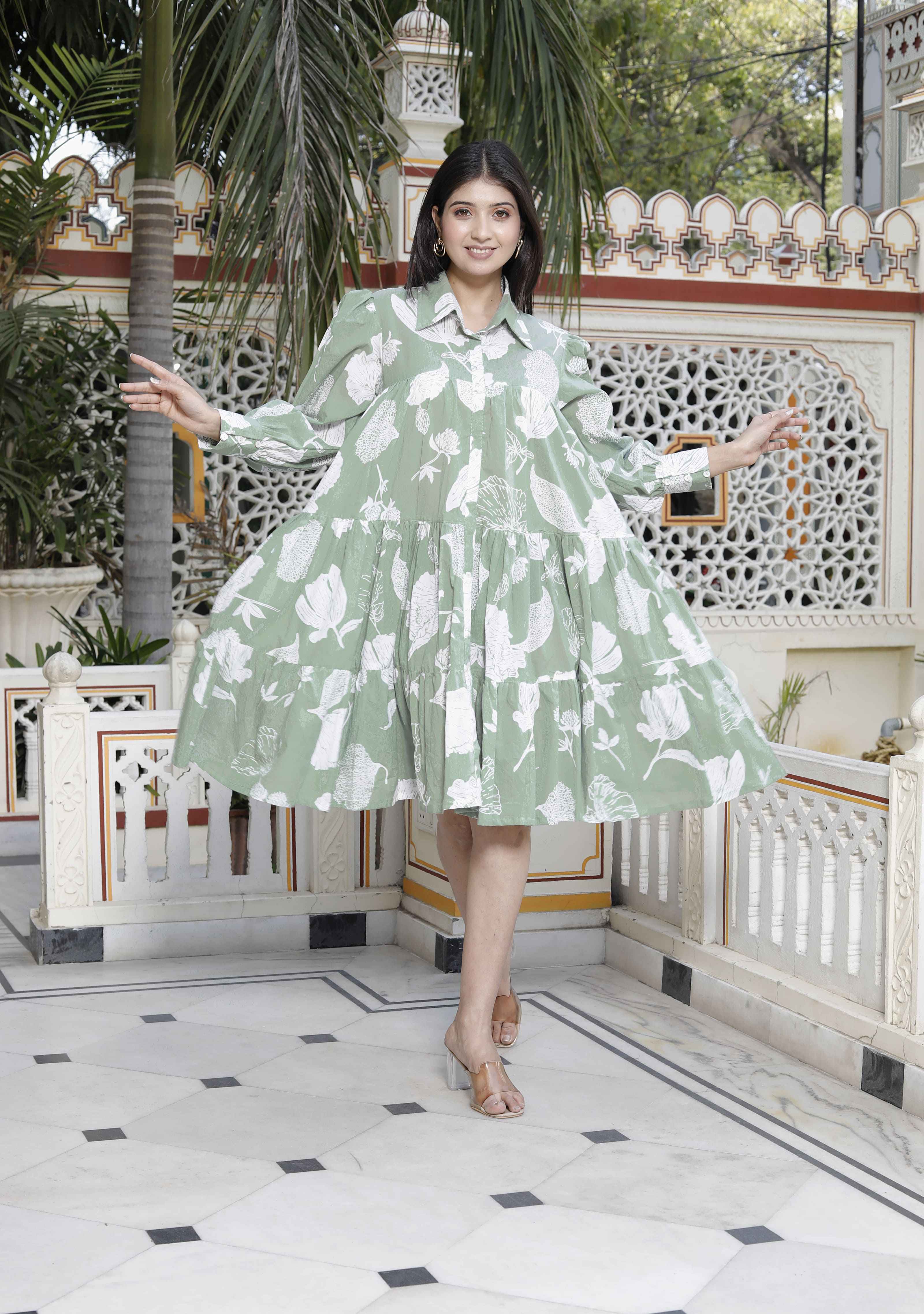 Miravan Women's Pure Cotton Green Long Puff Sleeve Loose Fit Gathered Fit And Flare Tiered Dress - Distacart