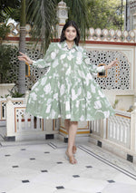 Thumbnail for Miravan Women's Pure Cotton Green Long Puff Sleeve Loose Fit Gathered Fit And Flare Tiered Dress - Distacart
