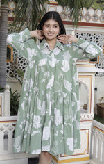 Thumbnail for Miravan Women's Pure Cotton Green Long Puff Sleeve Loose Fit Gathered Fit And Flare Tiered Dress - Distacart
