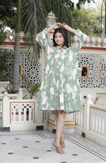 Thumbnail for Miravan Women's Pure Cotton Green Long Puff Sleeve Loose Fit Gathered Fit And Flare Tiered Dress - Distacart