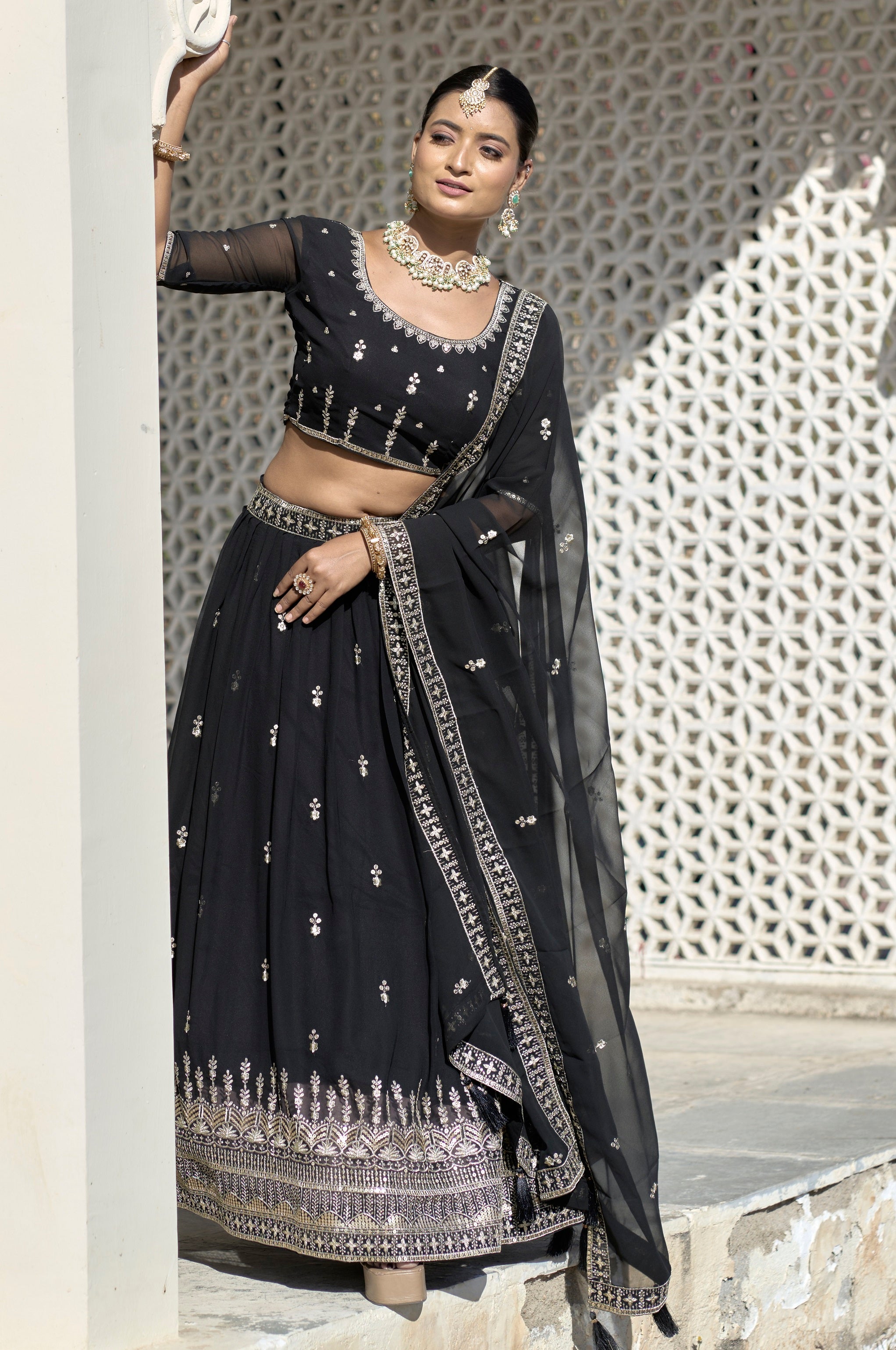 Vedant Vastram Embroidered Heavy Georgette Lehenga Choli With Blouse & Dupatta - Black - Distacart
