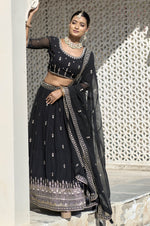 Thumbnail for Vedant Vastram Embroidered Heavy Georgette Lehenga Choli With Blouse & Dupatta - Black - Distacart