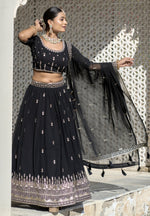 Thumbnail for Vedant Vastram Embroidered Heavy Georgette Lehenga Choli With Blouse & Dupatta - Black - Distacart