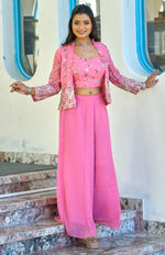 Thumbnail for Vedant Vastram Heavy Embroidery & Sequins Work Pure Georgette Plazo Set With Koti - Pink - Distacart