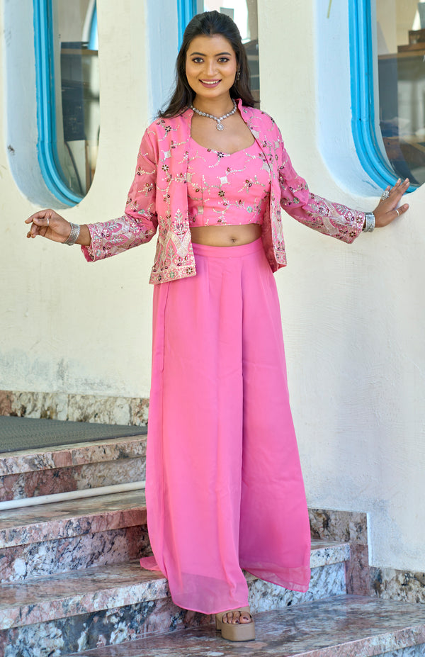 Vedant Vastram Heavy Embroidery & Sequins Work Pure Georgette Plazo Set With Koti - Pink - Distacart