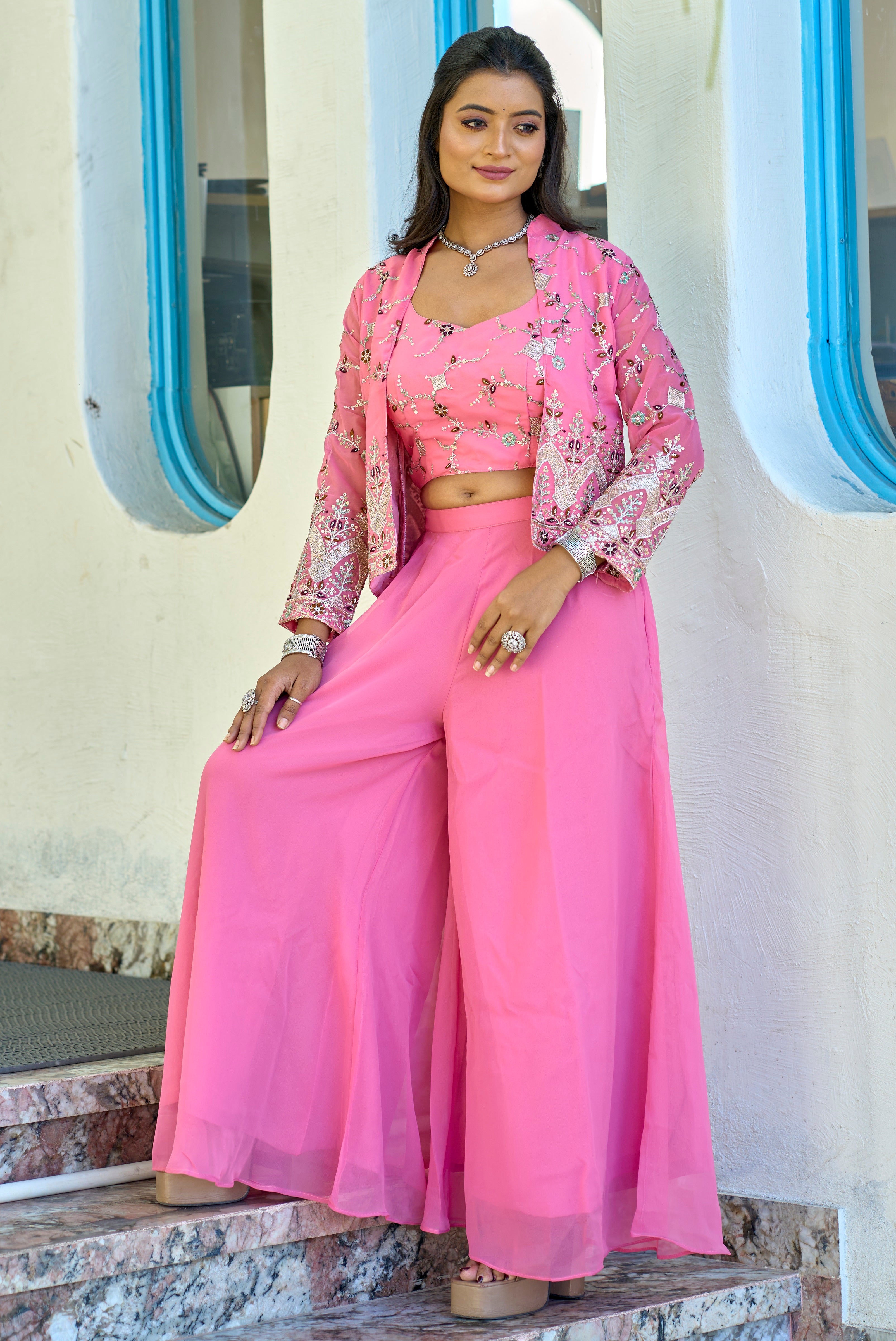 Vedant Vastram Heavy Embroidery & Sequins Work Pure Georgette Plazo Set With Koti - Pink - Distacart