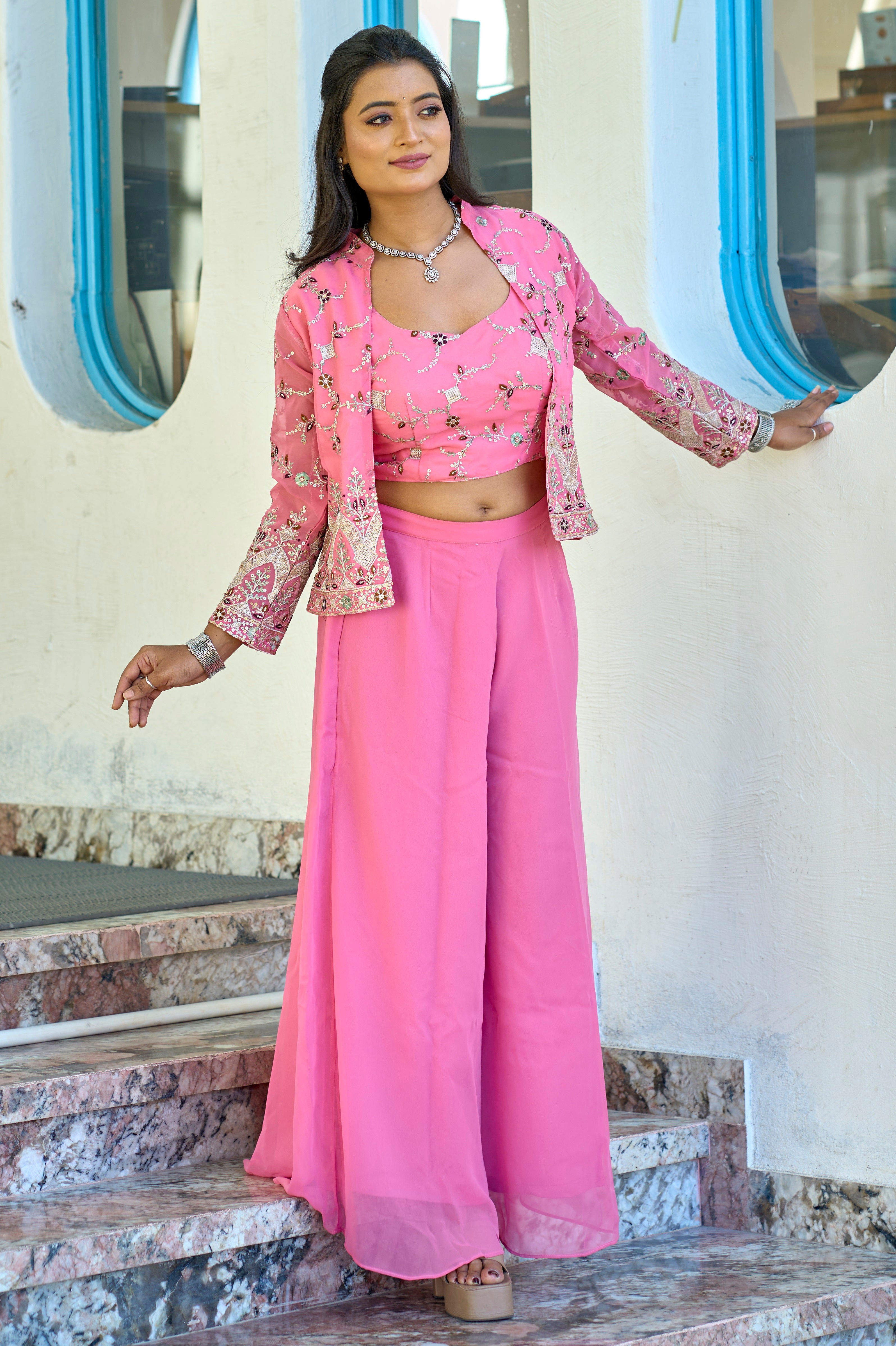 Vedant Vastram Heavy Embroidery & Sequins Work Pure Georgette Plazo Set With Koti - Pink - Distacart