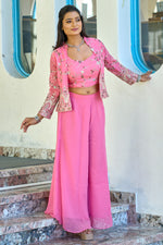 Thumbnail for Vedant Vastram Heavy Embroidery & Sequins Work Pure Georgette Plazo Set With Koti - Pink - Distacart