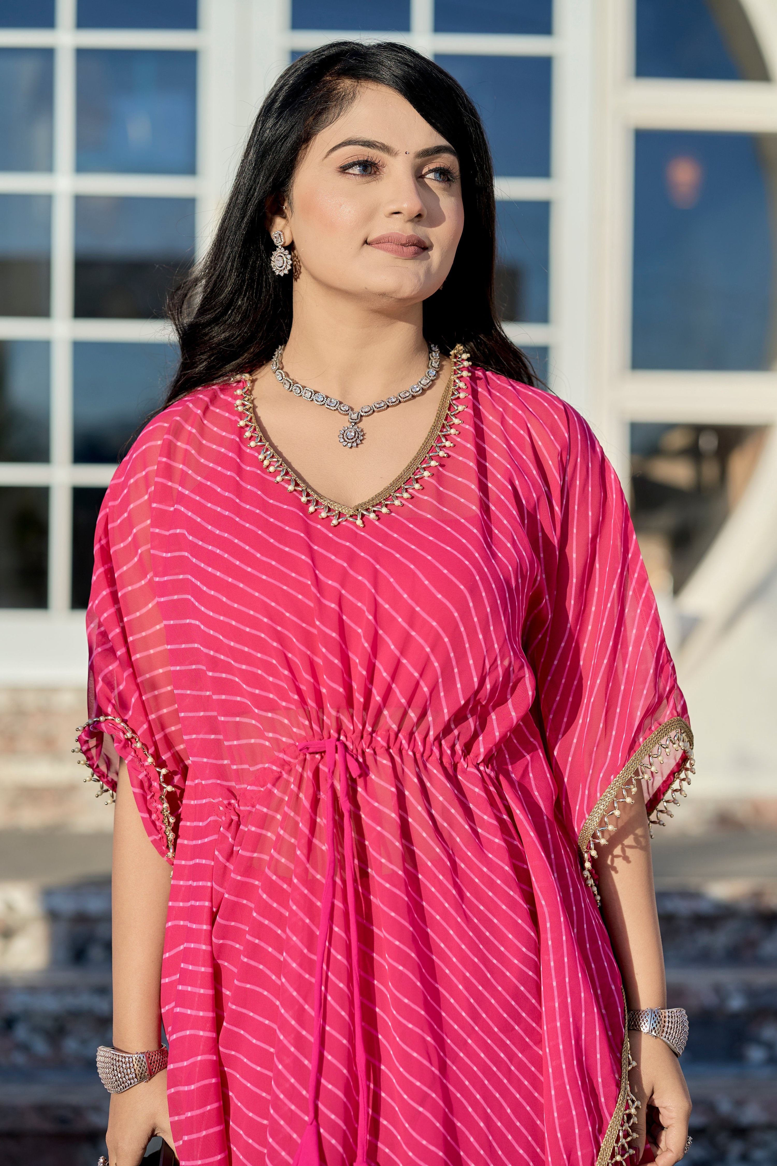 Vedant Vastram Leheriya Print Pure Georgette Sharara Cordset With Kaftan - Pink - Distacart