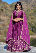 Thumbnail for Vedant Vastram Embroidered Heavy Chinon Lehenga Choli With Blouse & Dupatta - Wine - Distacart