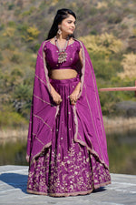 Thumbnail for Vedant Vastram Embroidered Heavy Chinon Lehenga Choli With Blouse & Dupatta - Wine - Distacart