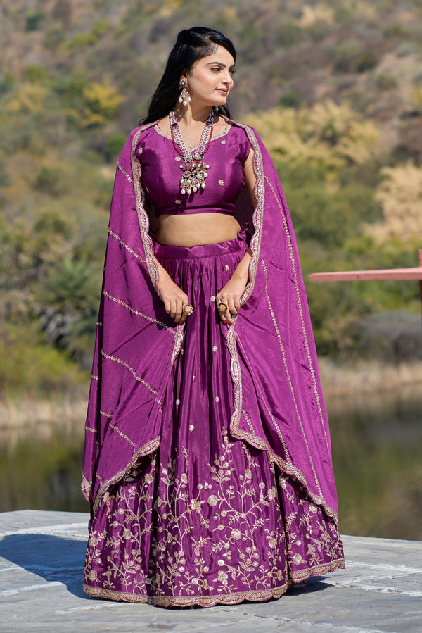 Vedant Vastram Embroidered Heavy Chinon Lehenga Choli With Blouse & Dupatta - Wine - Distacart