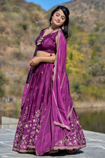 Thumbnail for Vedant Vastram Embroidered Heavy Chinon Lehenga Choli With Blouse & Dupatta - Wine - Distacart