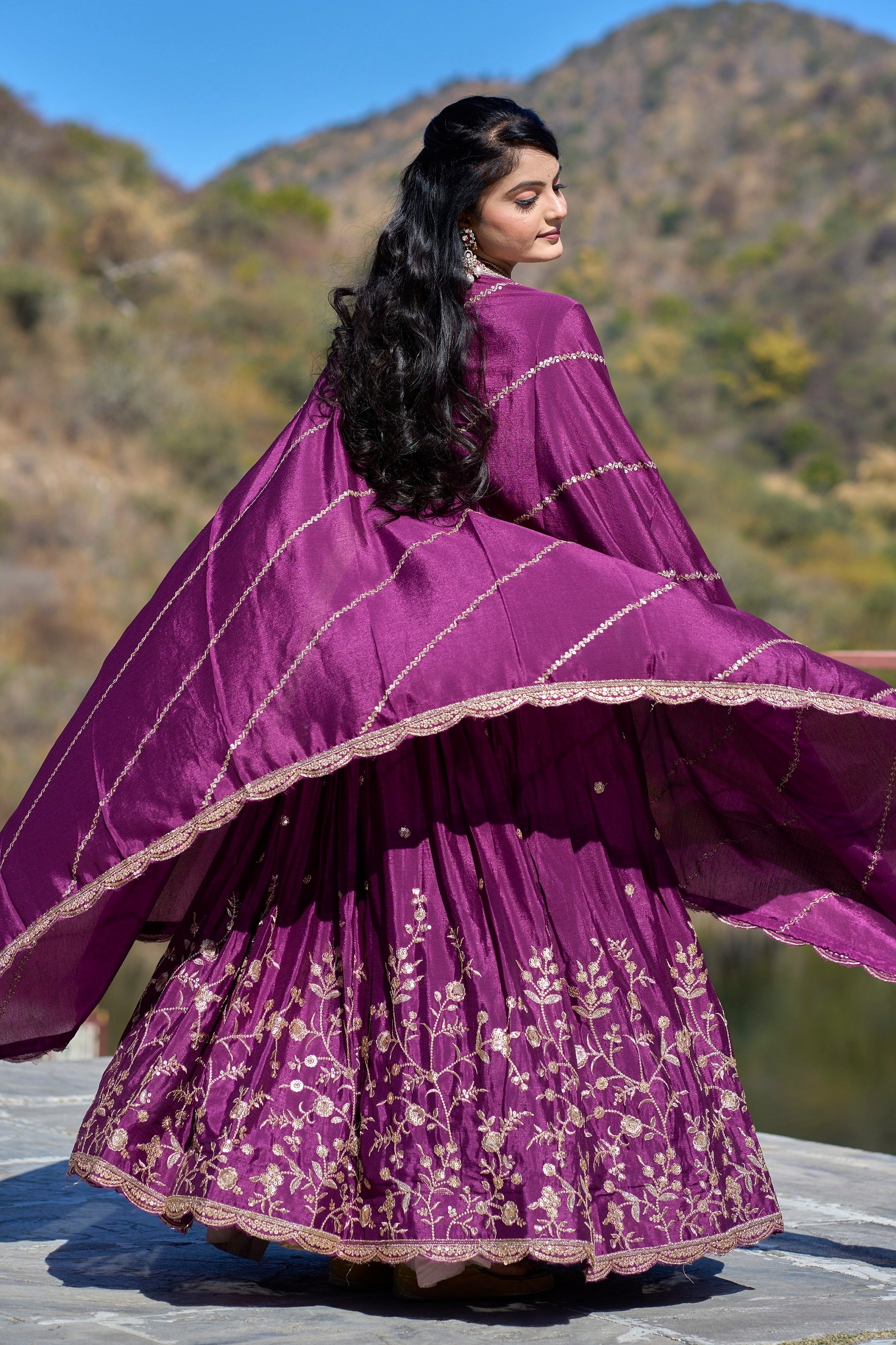 Vedant Vastram Embroidered Heavy Chinon Lehenga Choli With Blouse & Dupatta - Wine - Distacart