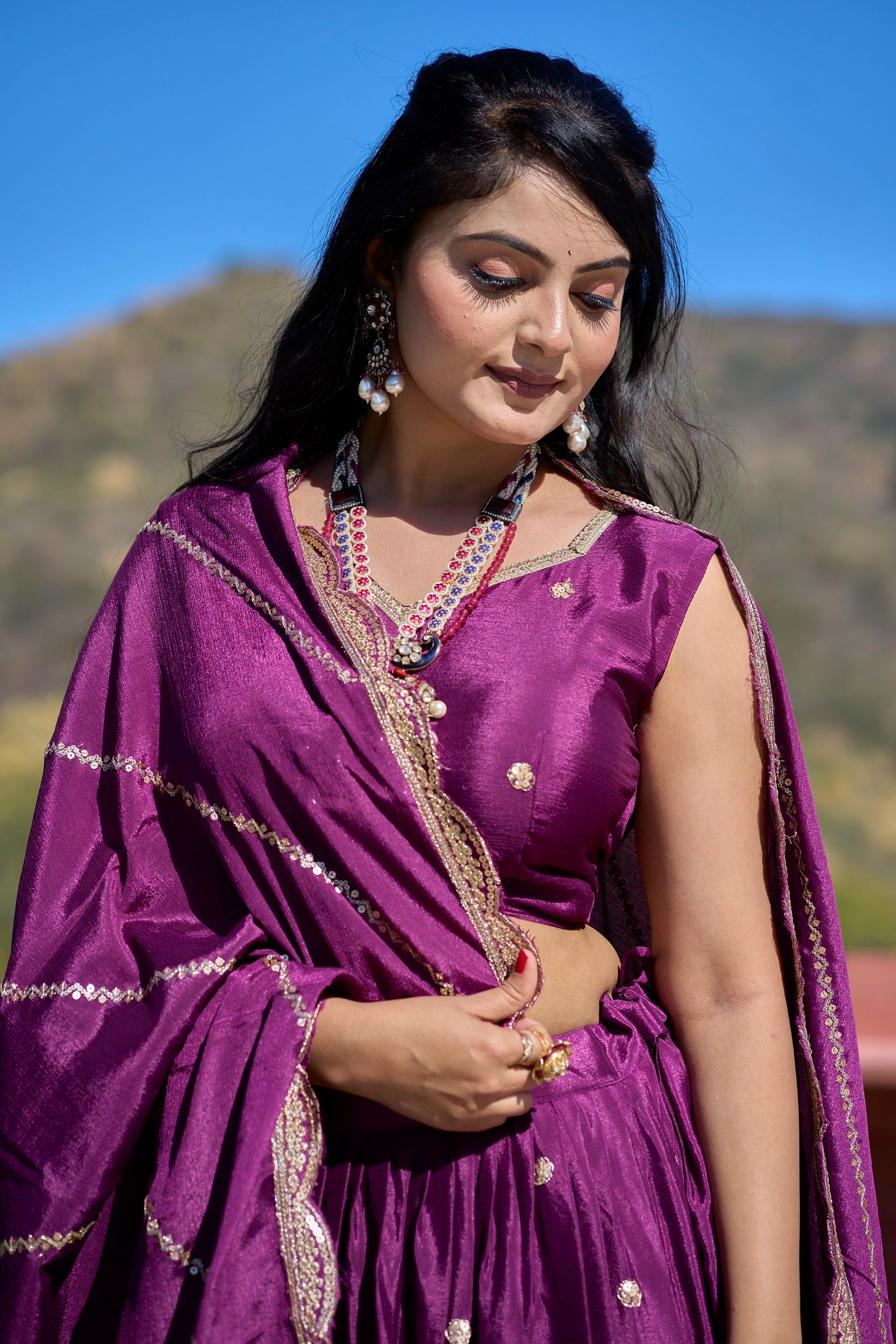 Vedant Vastram Embroidered Heavy Chinon Lehenga Choli With Blouse & Dupatta - Wine - Distacart