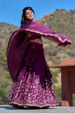 Thumbnail for Vedant Vastram Embroidered Heavy Chinon Lehenga Choli With Blouse & Dupatta - Wine - Distacart