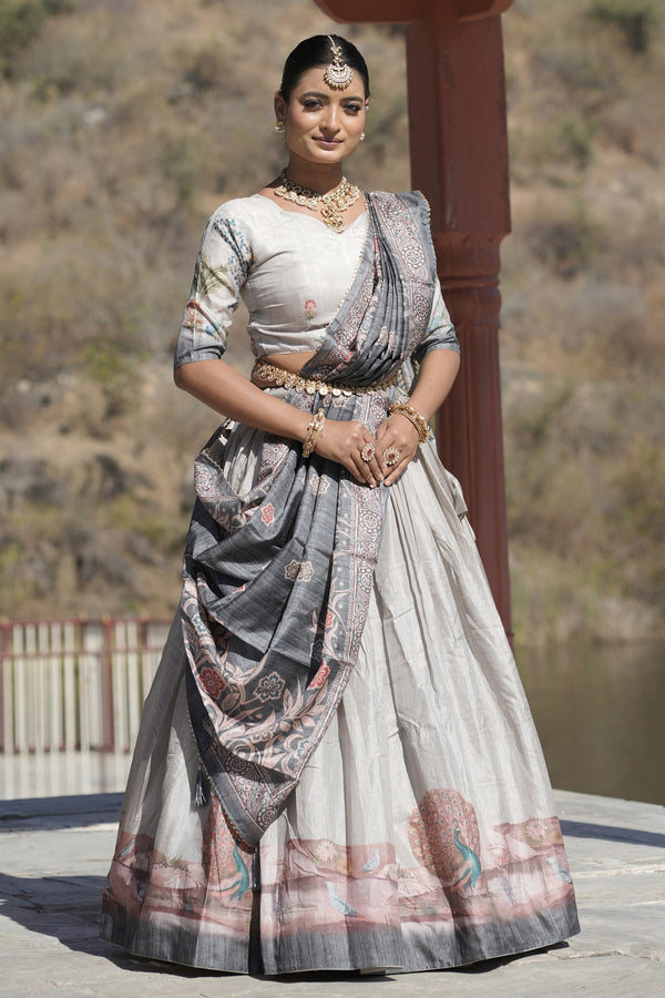 Vedant Vastram Fully Printed Pure Manipuri Silk Lehenga Choli With Blouse & Dupatta - Grey - Distacart