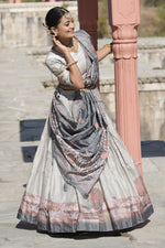 Thumbnail for Vedant Vastram Fully Printed Pure Manipuri Silk Lehenga Choli With Blouse & Dupatta - Grey - Distacart