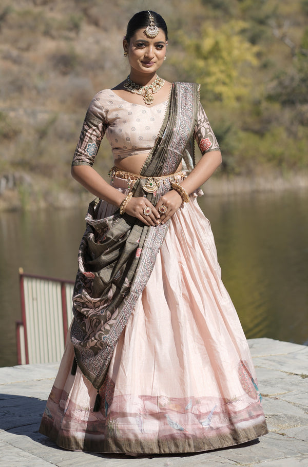 Vedant Vastram Fully Printed Pure Manipuri Silk Lehenga Choli With Blouse & Dupatta - Peach - Distacart
