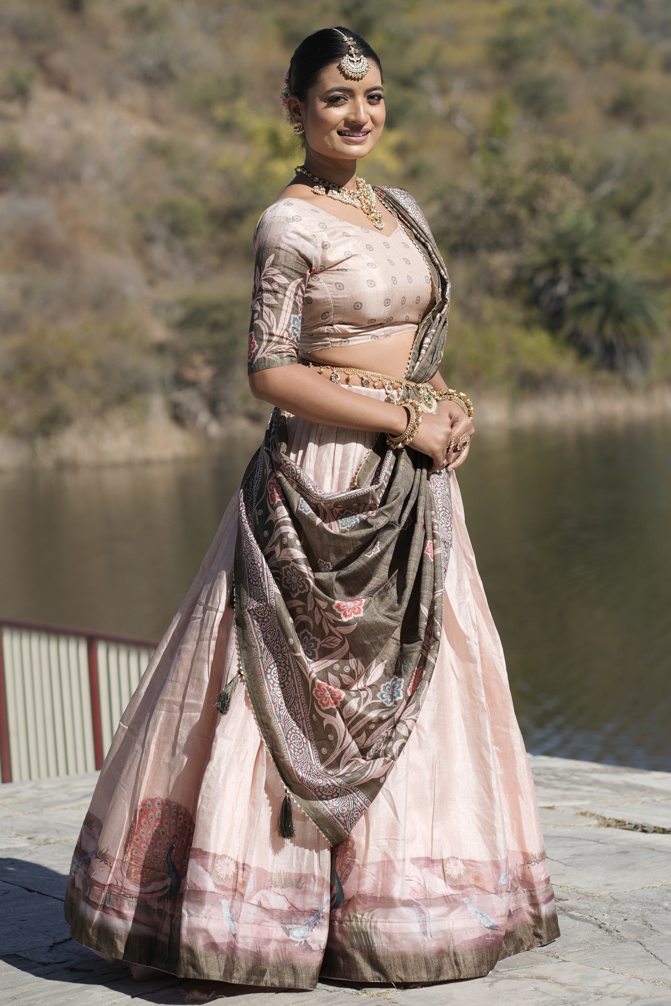 Vedant Vastram Fully Printed Pure Manipuri Silk Lehenga Choli With Blouse & Dupatta - Peach - Distacart