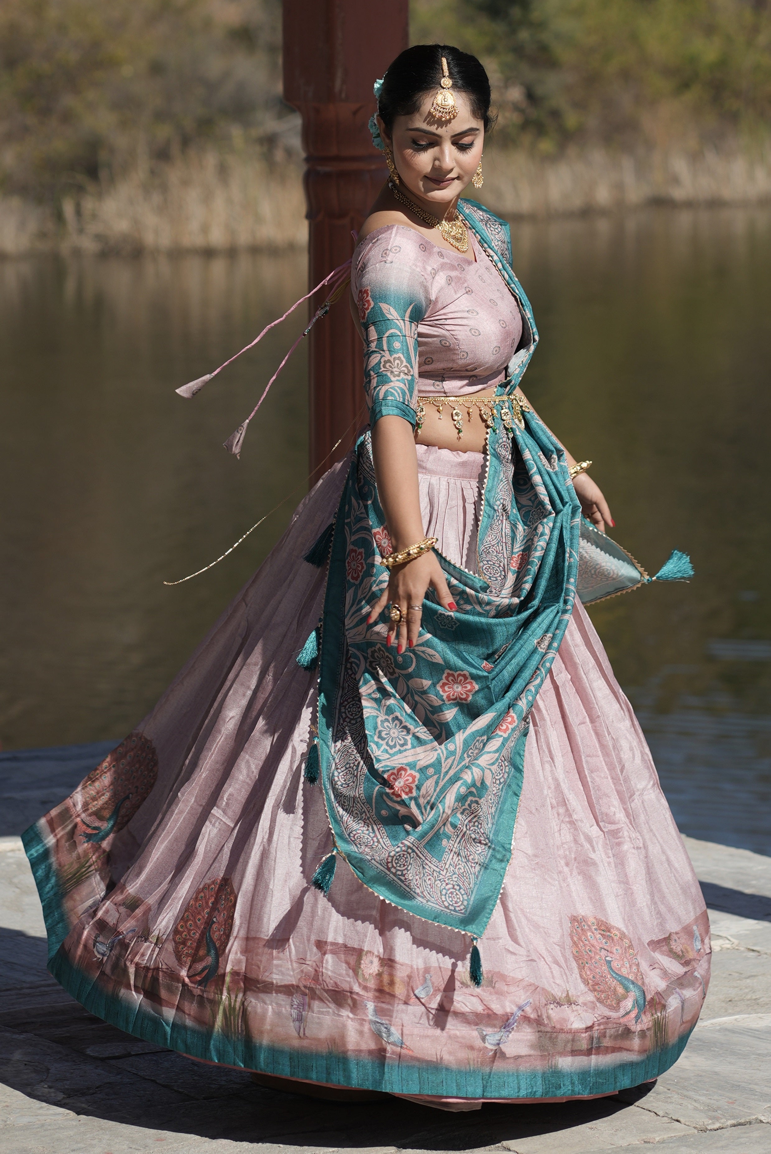 Vedant Vastram Fully Printed Pure Manipuri Silk Lehenga Choli With Blouse & Dupatta - Pink - Distacart