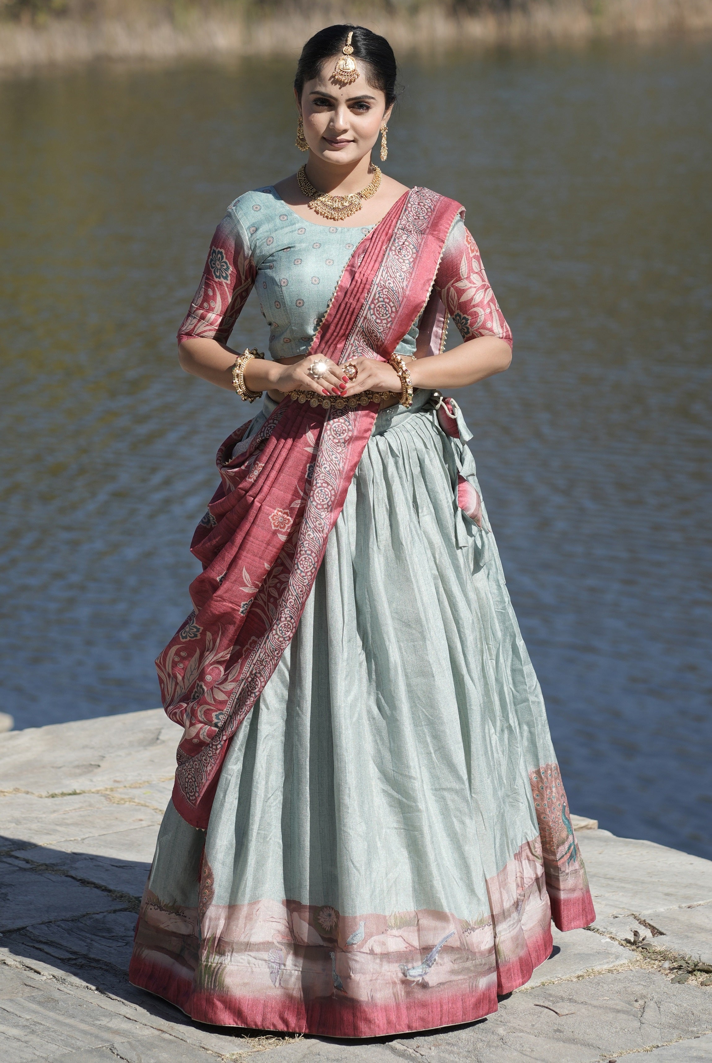 Vedant Vastram Fully Printed Pure Manipuri Silk Lehenga Choli With Blouse & Dupatta - Sky Blue - Distacart