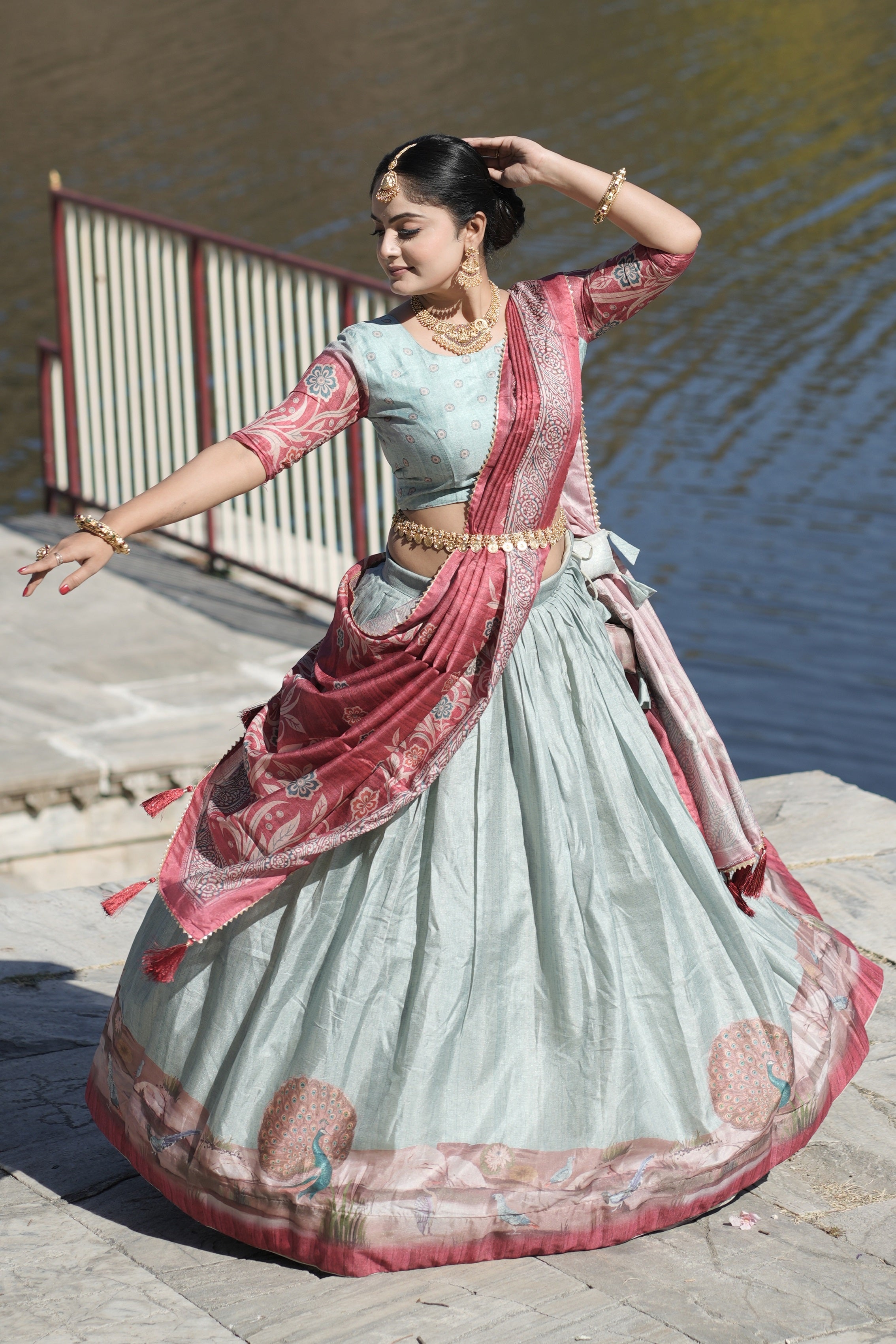 Vedant Vastram Fully Printed Pure Manipuri Silk Lehenga Choli With Blouse & Dupatta - Sky Blue - Distacart