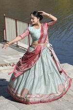 Thumbnail for Vedant Vastram Fully Printed Pure Manipuri Silk Lehenga Choli With Blouse & Dupatta - Sky Blue - Distacart