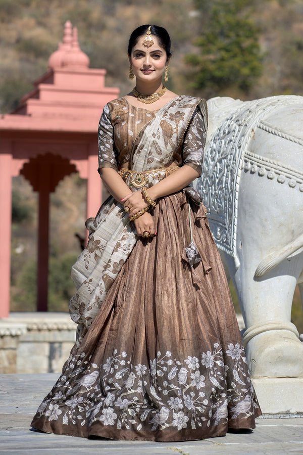 Vedant Vastram Fully Printed Pure Manipuri Silk Lehenga Choli With Blouse & Dupatta - Brown - Distacart