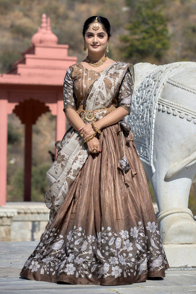 Vedant Vastram Fully Printed Pure Manipuri Silk Lehenga Choli With Blouse & Dupatta - Brown - Distacart