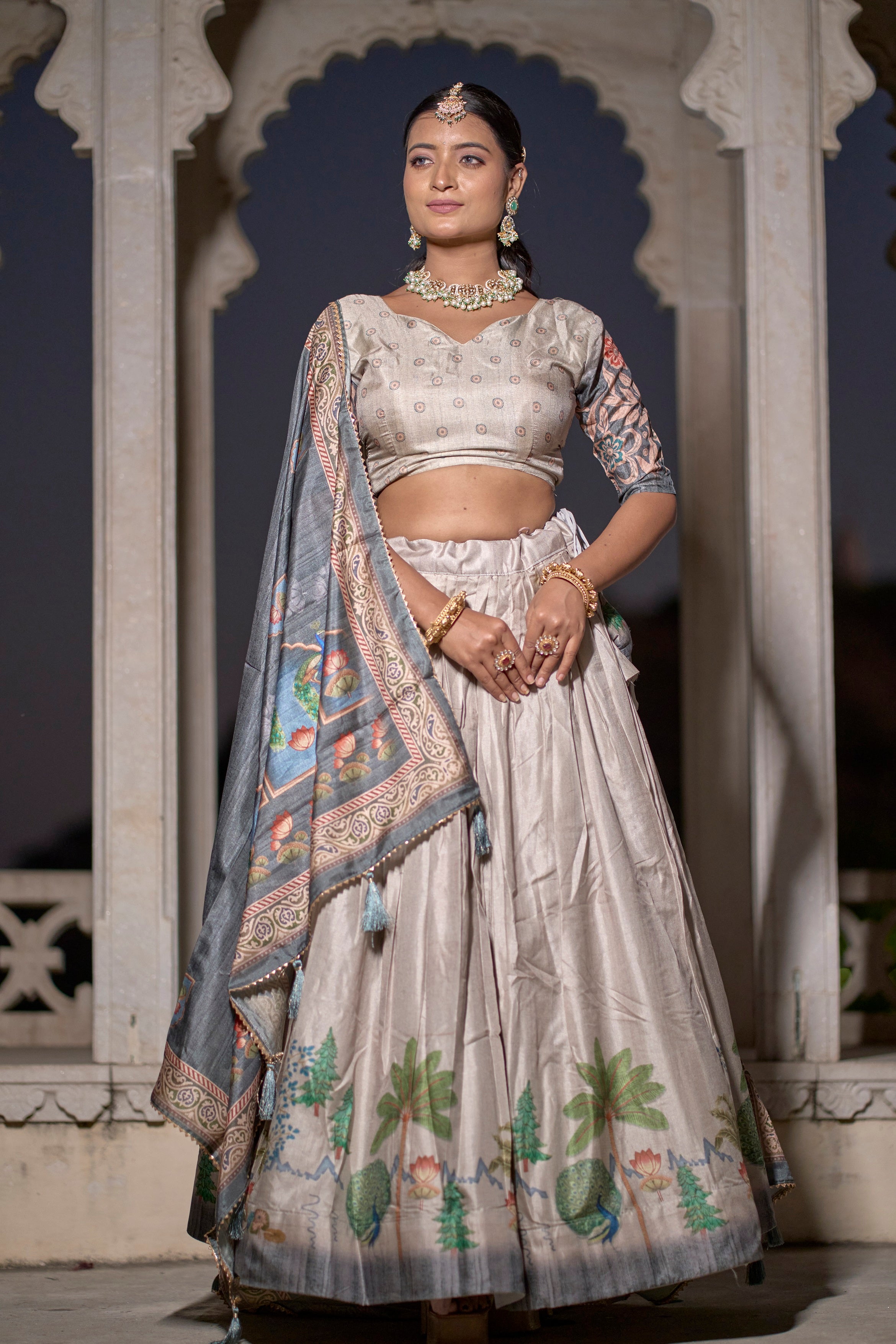 Vedant Vastram Fully Printed Pure Manipuri Silk Lehenga Choli With Blouse & Dupatta - Beige - Distacart