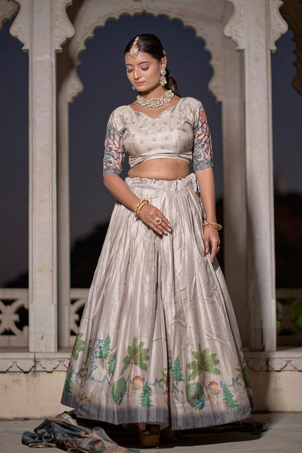 Vedant Vastram Fully Printed Pure Manipuri Silk Lehenga Choli With Blouse & Dupatta - Beige - Distacart