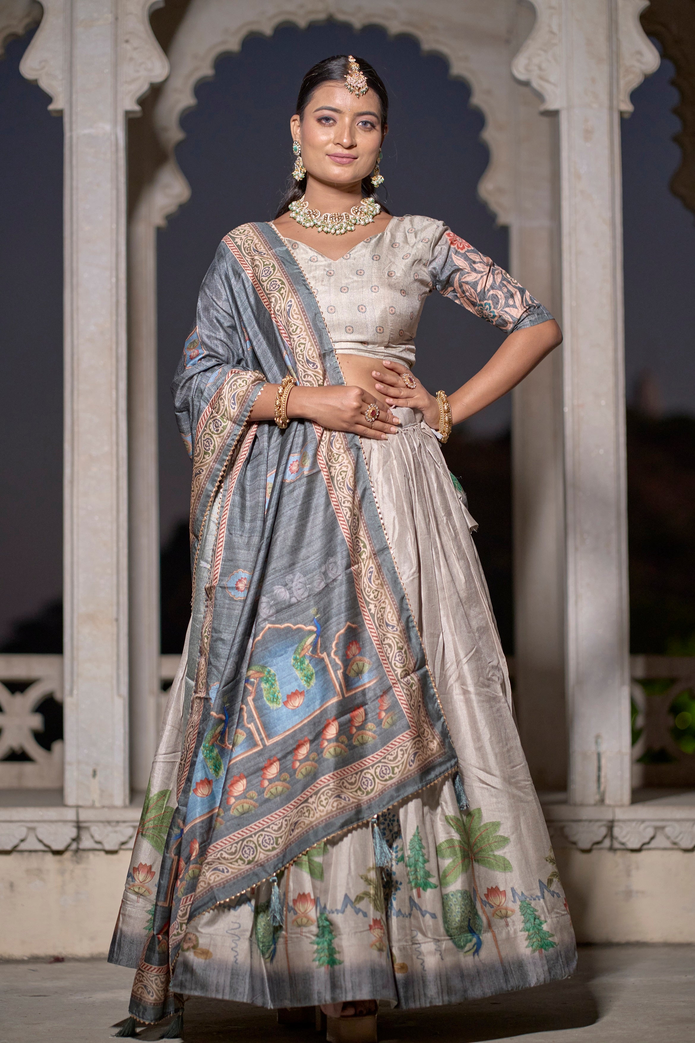 Vedant Vastram Fully Printed Pure Manipuri Silk Lehenga Choli With Blouse & Dupatta - Beige - Distacart