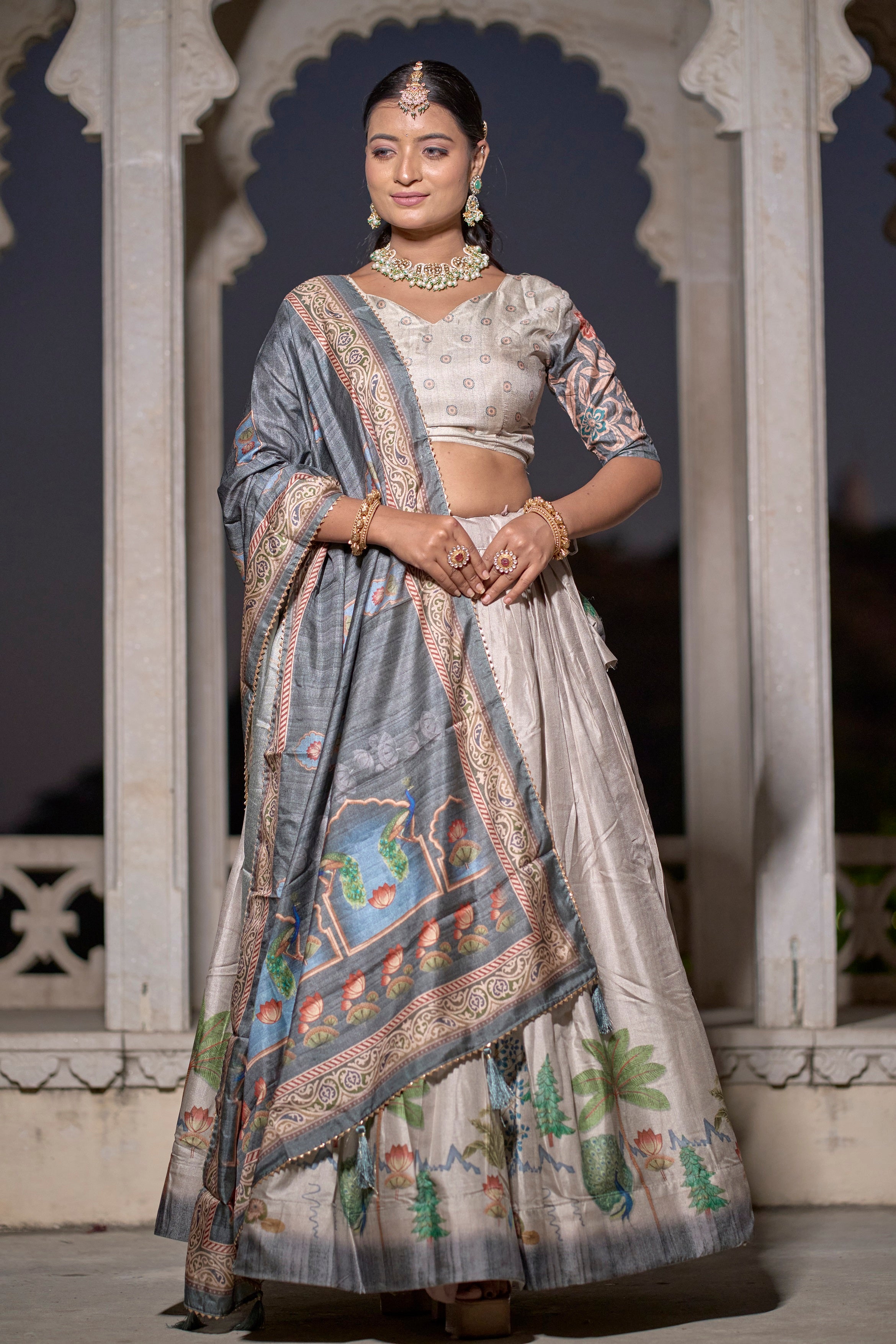 Vedant Vastram Fully Printed Pure Manipuri Silk Lehenga Choli With Blouse & Dupatta - Beige - Distacart
