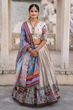 Thumbnail for Vedant Vastram Fully Printed Pure Manipuri Silk Lehenga Choli With Blouse & Dupatta - Beige - Distacart
