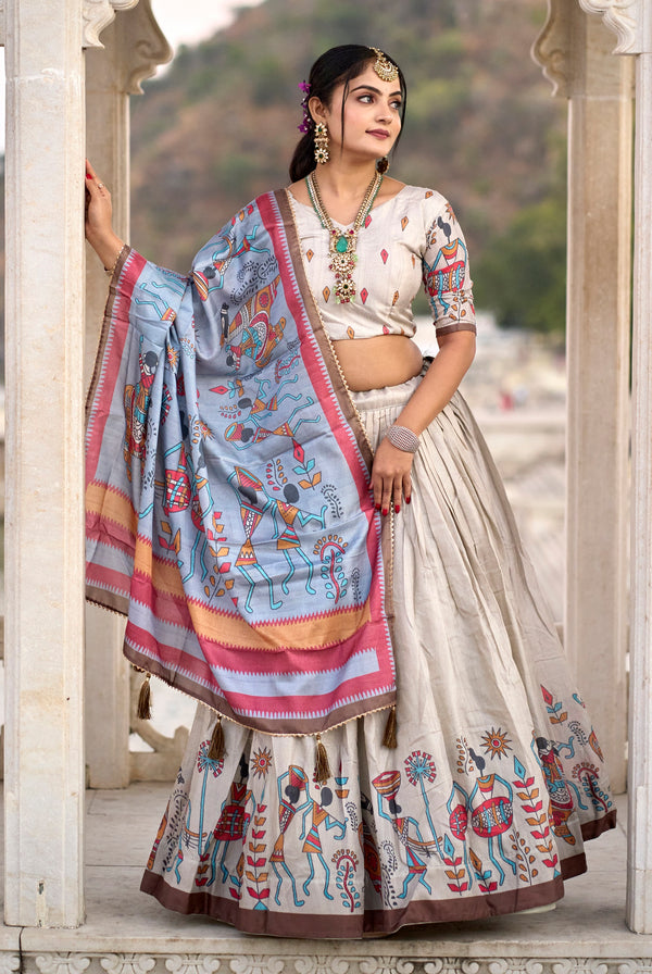 Vedant Vastram Fully Printed Pure Manipuri Silk Lehenga Choli With Blouse & Dupatta - Beige - Distacart