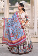 Thumbnail for Vedant Vastram Fully Printed Pure Manipuri Silk Lehenga Choli With Blouse & Dupatta - Beige - Distacart