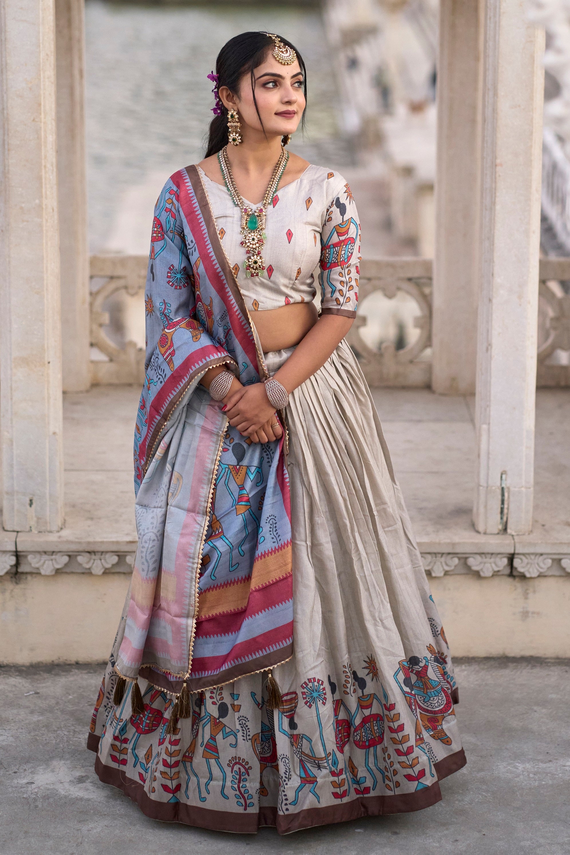 Vedant Vastram Fully Printed Pure Manipuri Silk Lehenga Choli With Blouse & Dupatta - Beige - Distacart
