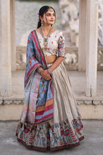 Thumbnail for Vedant Vastram Fully Printed Pure Manipuri Silk Lehenga Choli With Blouse & Dupatta - Beige - Distacart