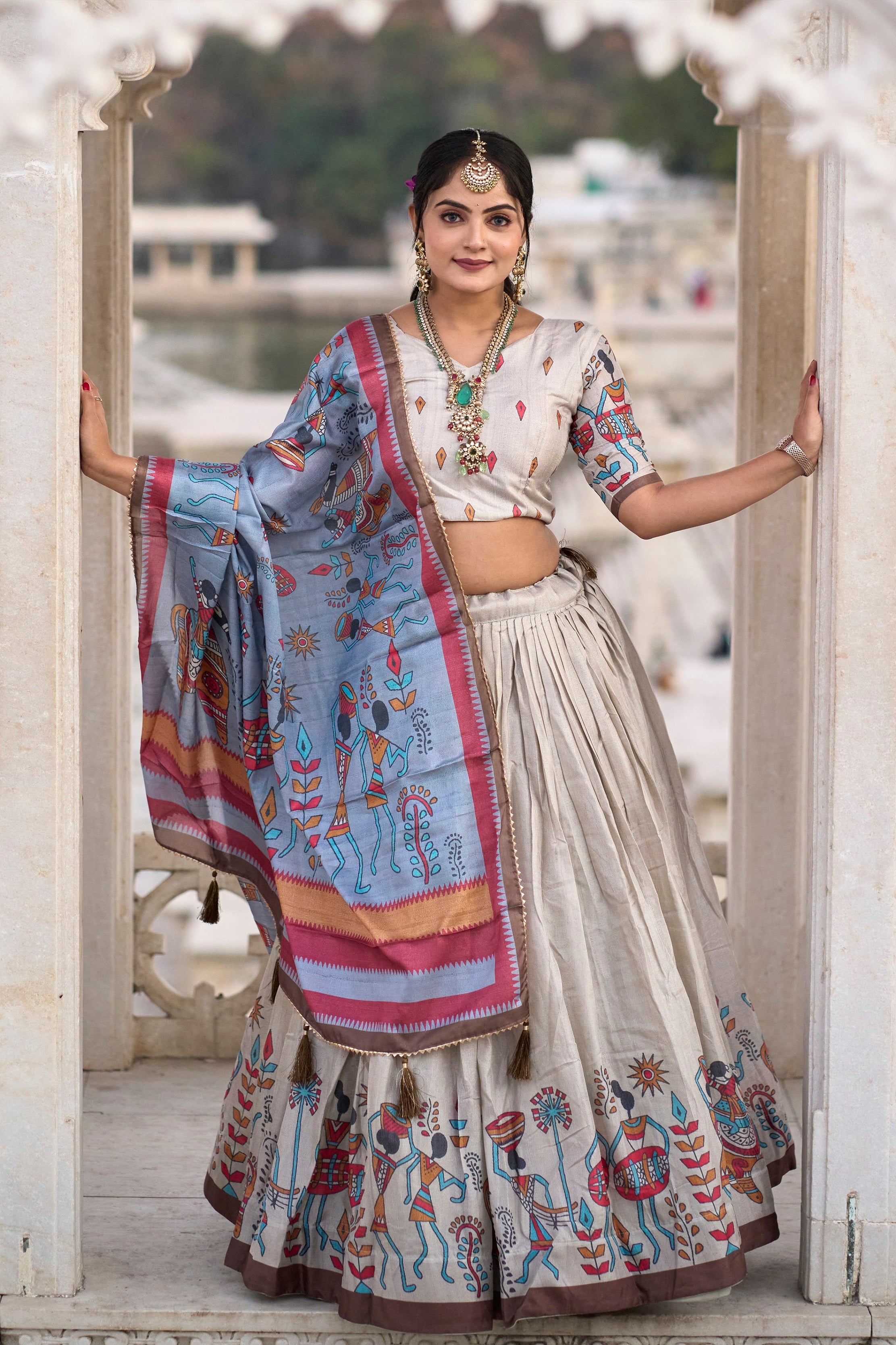 Vedant Vastram Fully Printed Pure Manipuri Silk Lehenga Choli With Blouse & Dupatta - Beige - Distacart