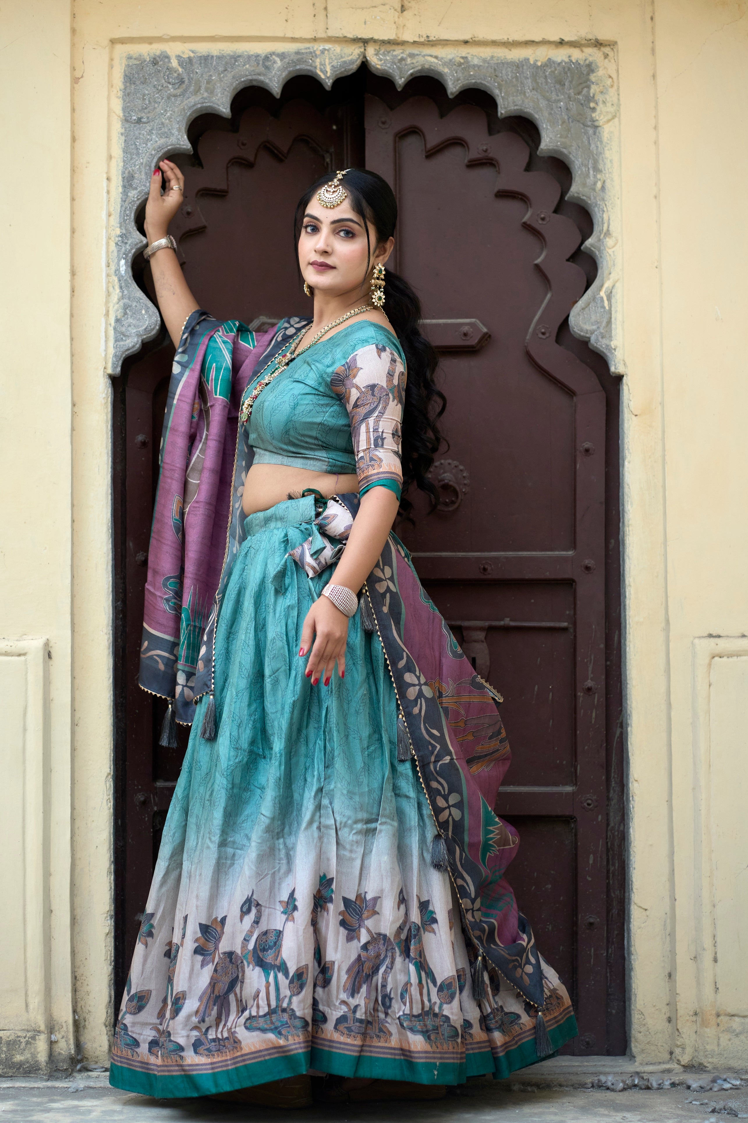 Vedant Vastram Fully Printed Pure Manipuri Silk Lehenga Choli With Blouse & Dupatta - Rama - Distacart