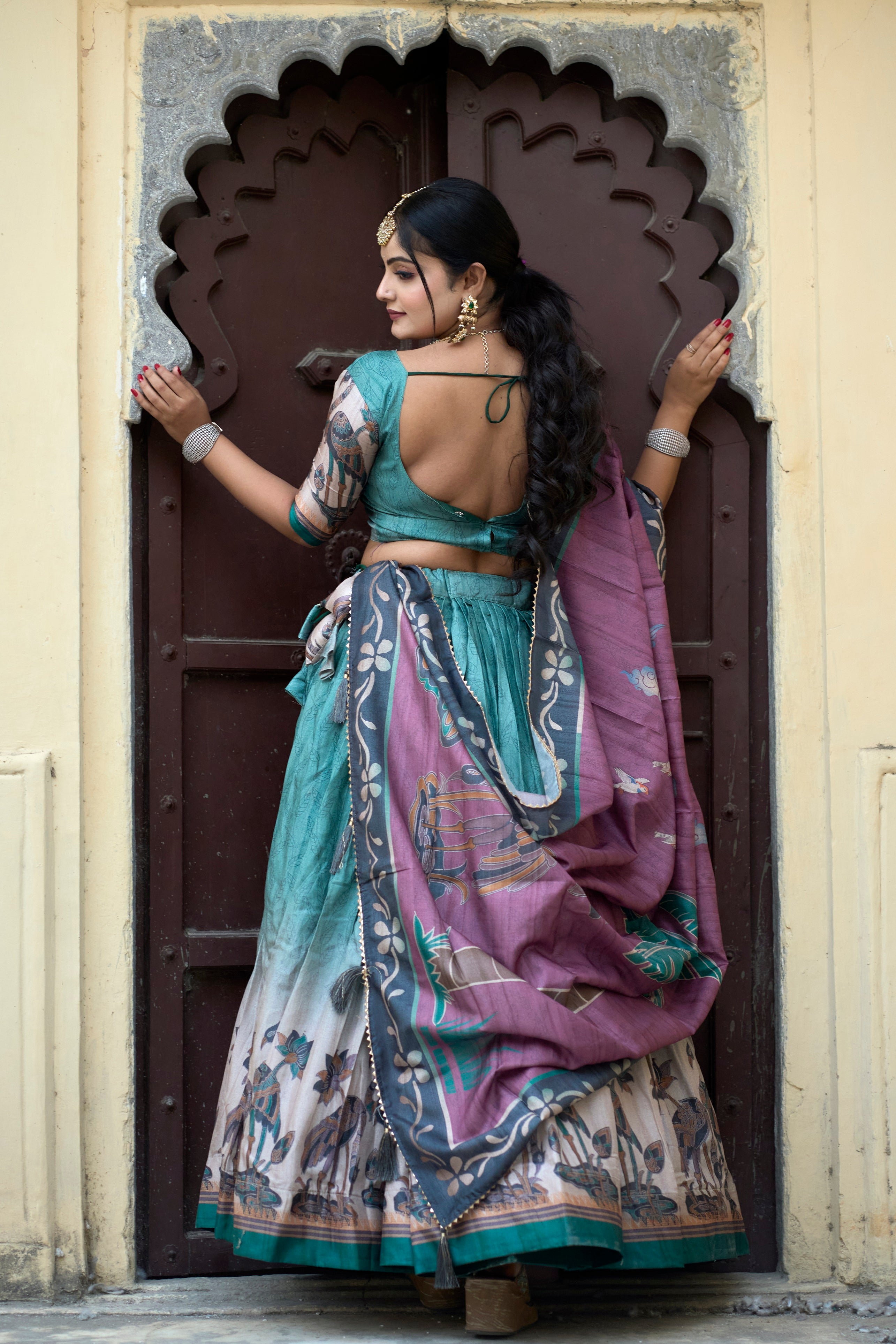 Vedant Vastram Fully Printed Pure Manipuri Silk Lehenga Choli With Blouse & Dupatta - Rama - Distacart