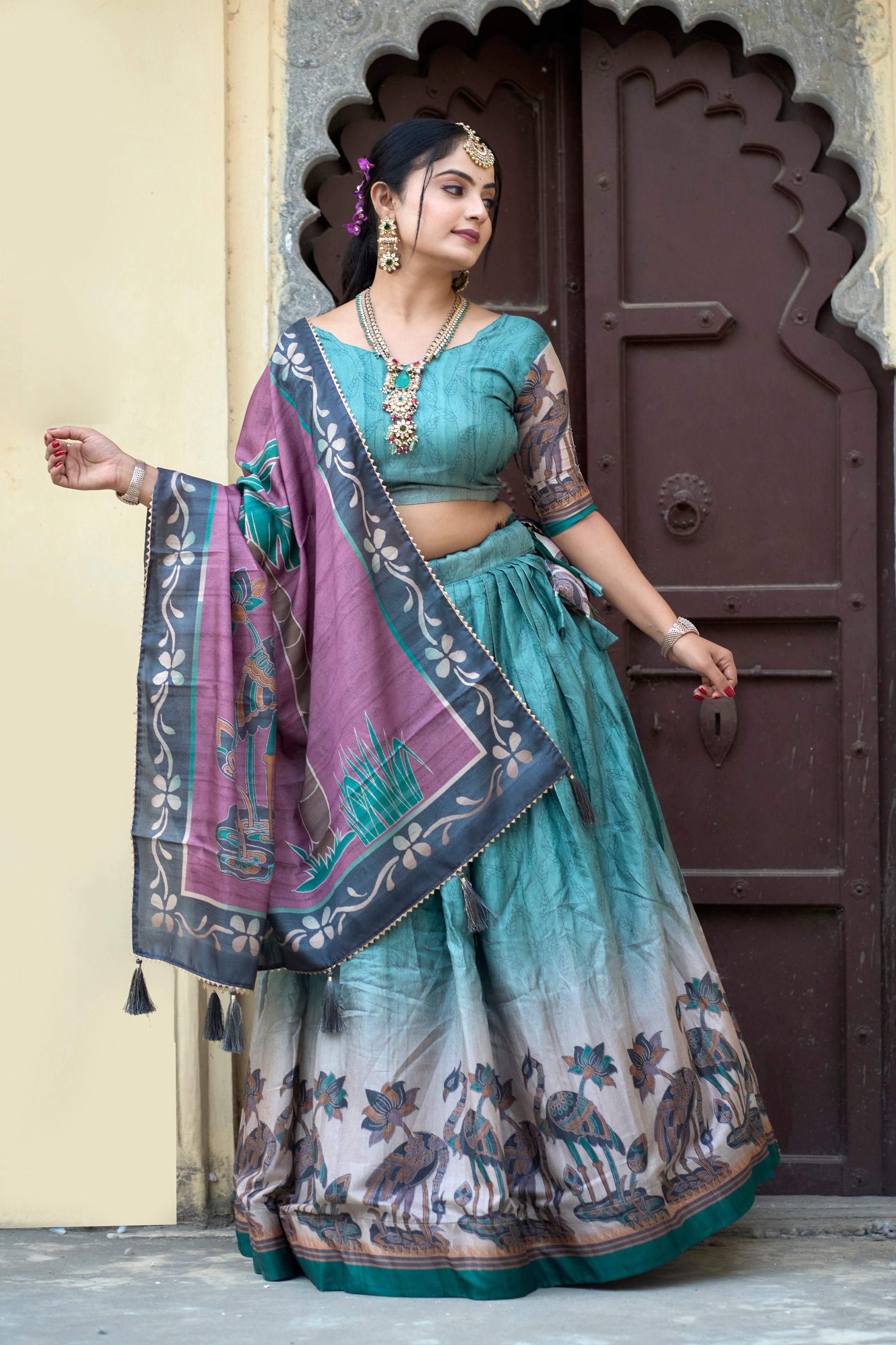 Vedant Vastram Fully Printed Pure Manipuri Silk Lehenga Choli With Blouse & Dupatta - Rama - Distacart
